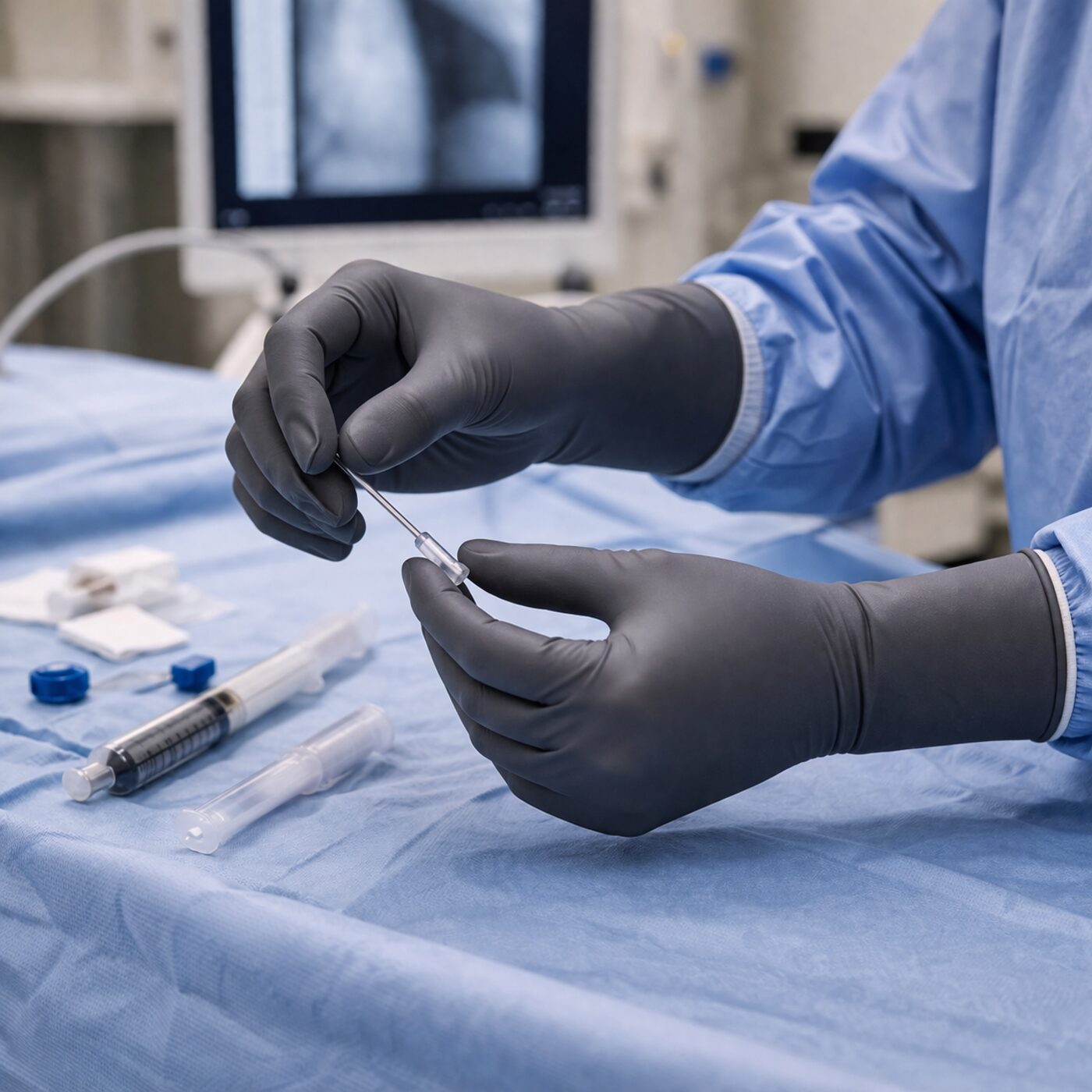 Clinician wearing RFB radiation protection gloves preparing a catheter during a fluoroscopy-guided procedure